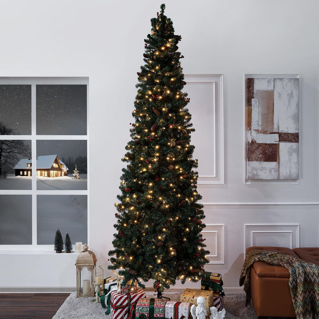 Naomi Home 6.5ft Rustic Christmas Tree with Lights, Realistic Classic Prelit with 2595 Branch Tips, 600 Warm Lights and Metal Stand, Aritificial Tree