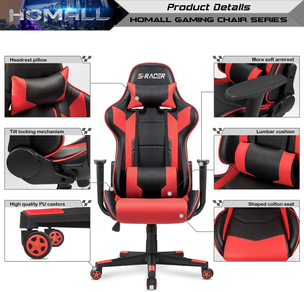 Homall Gaming Chair, Office Chair High Back Computer Chair Leather Desk Chair Racing Executive Ergonomic Adjustable Swivel Task Chair with Headrest and Lumbar Support (Dark Black)