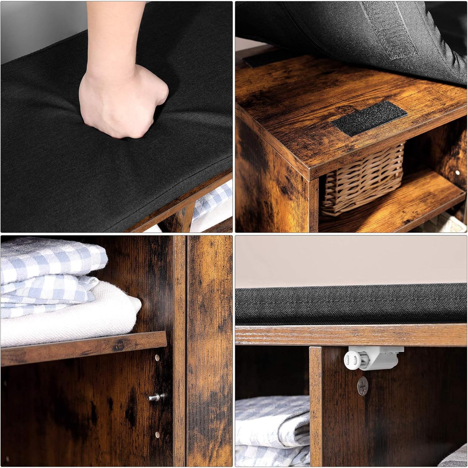VASAGLE Shoe Bench, Storage Bench with Cupboard and 9 Open Compartments, Shoe Shelf, Padded Seat, Barn Door, 11.8 x 43.3 x 18.9 Inches, Rustic Brown ULHS058X01
