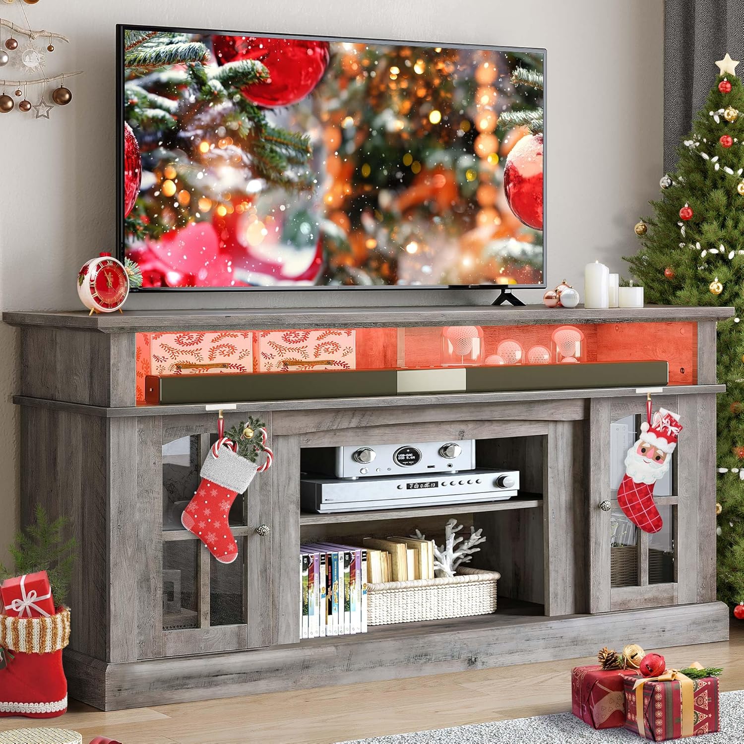 LED Farmhouse TV Stand for TV up to 75" w/Outlets, Highboy Media Entertainment Center Console Table Adjustable Storage Shelves &Cabinet Glass Door for 400lbs for Living Room