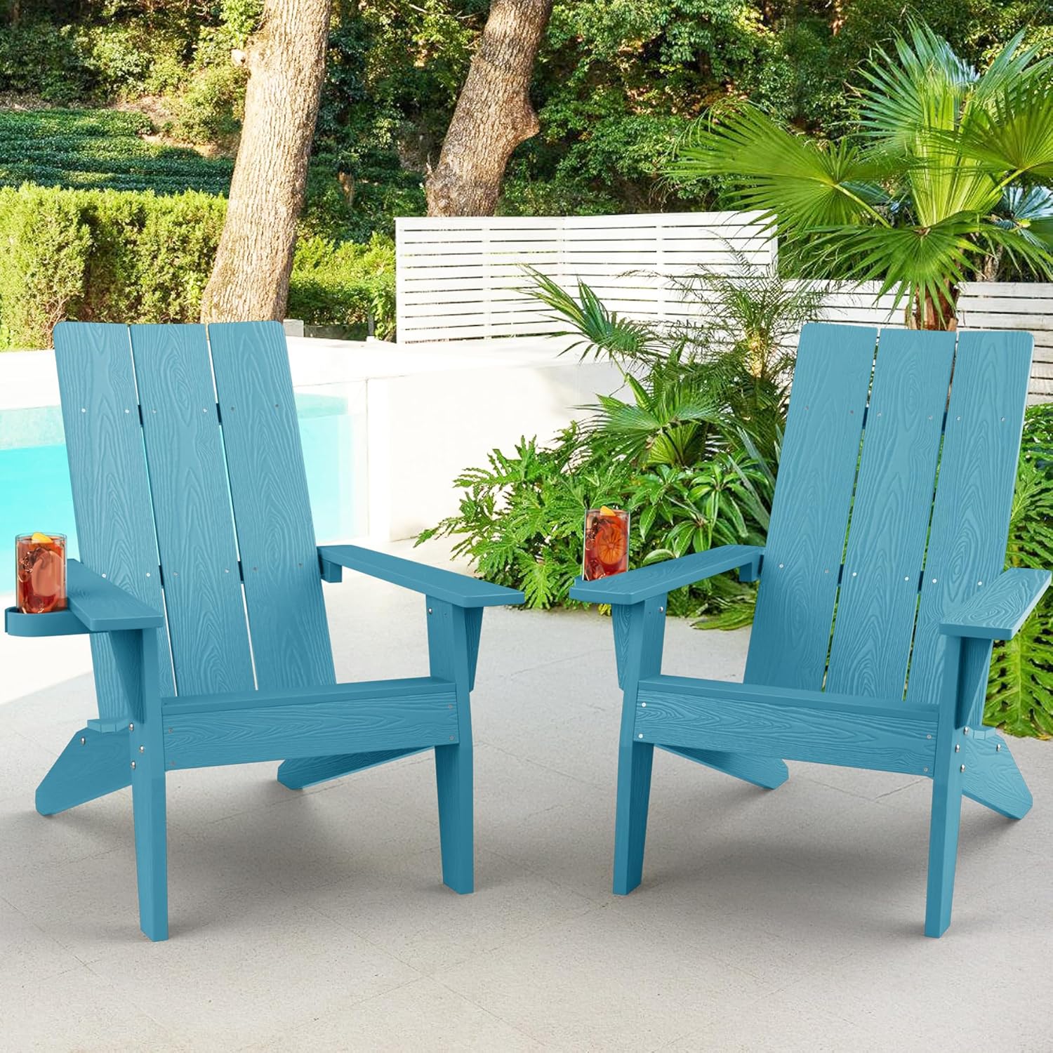 MXIMU Modern Adirondack Chairs Set of 4 Weather Resistant with Cup Holder Oversize Plastic Fire Pit Chairs Plastic Outdoor Chairs for Firepit Area Seating (Black)
