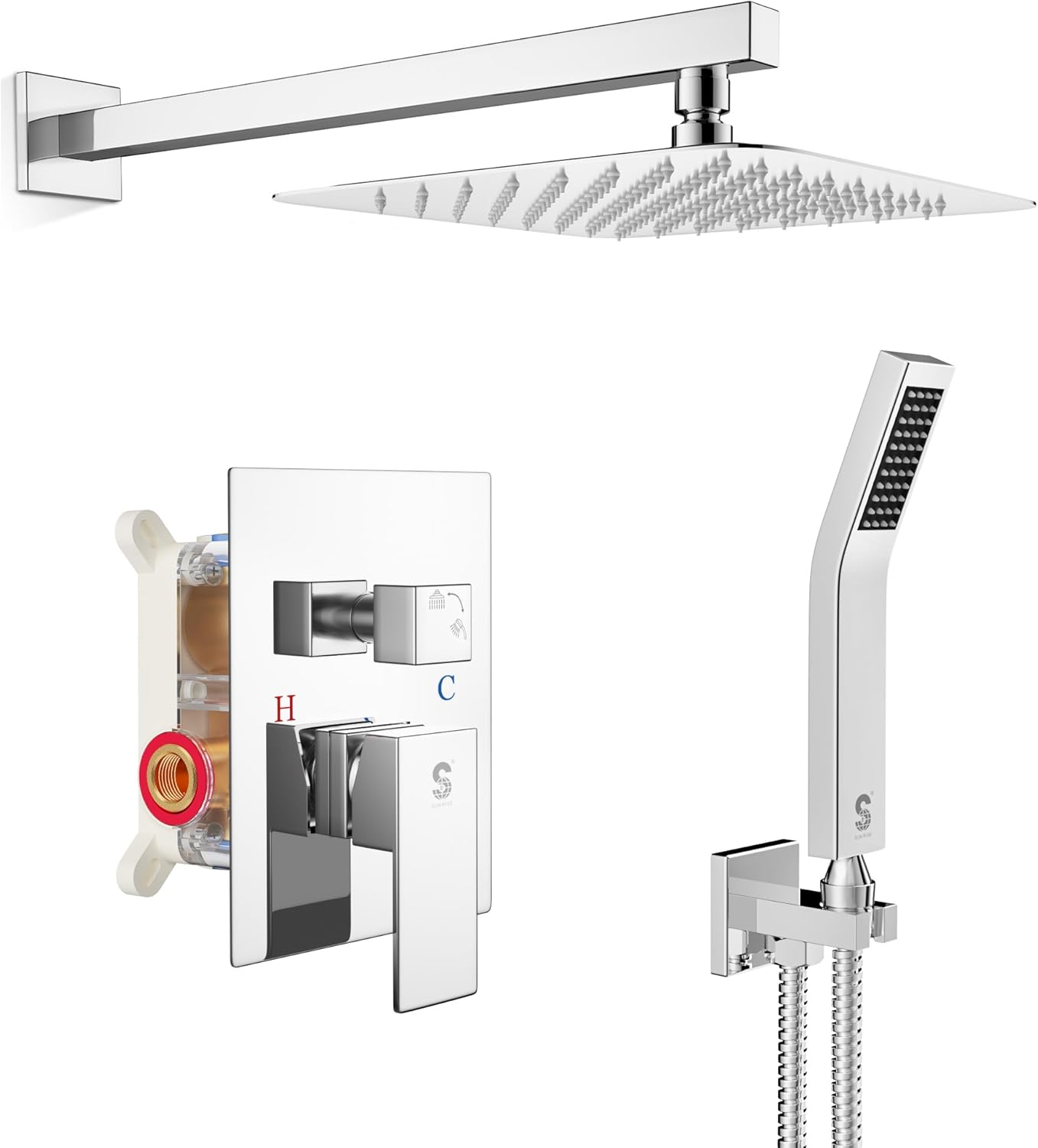 SR SUN RISE 12 Inches Matte Black Shower System 12 Inch Brass Bathroom Luxury Rain Mixer Shower Combo Set Wall Mounted Rainfall Shower Head System Shower Faucet Rough-in Valve Body and Trim Included