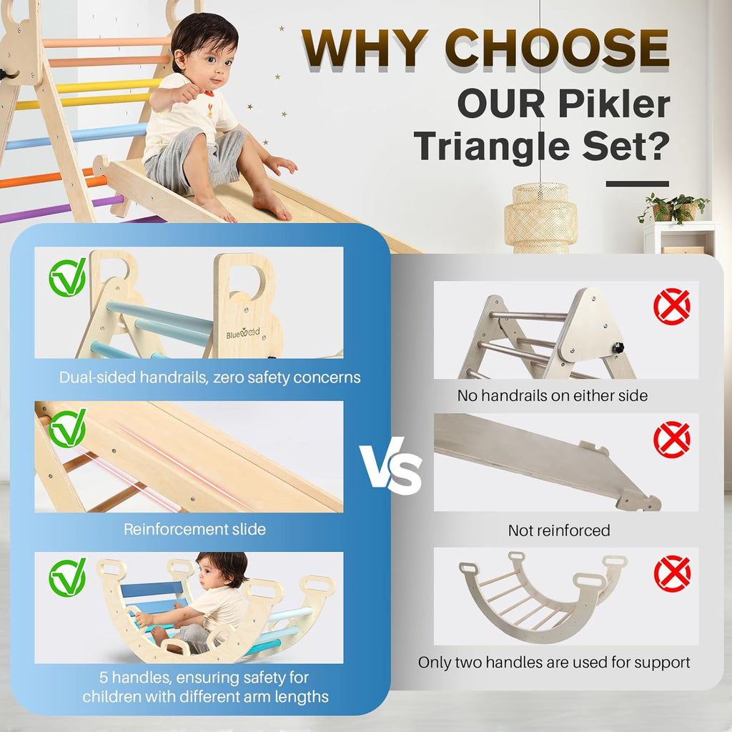 BlueWood Pikler Triangle Set 7in1 Foldable Baby Climbing Wooden Toys with Arch&Ramp&Ladder Climber Indoor Jungle Gyms for Toddlers - Natural Wood