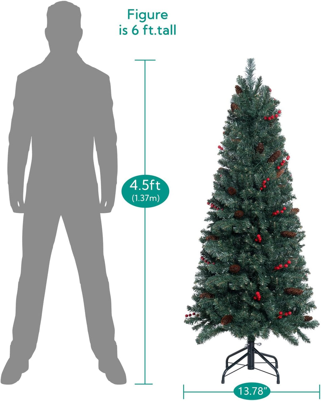 Naomi Home 6.5ft Rustic Christmas Tree with Lights, Realistic Classic Prelit with 2595 Branch Tips, 600 Warm Lights and Metal Stand, Aritificial Tree