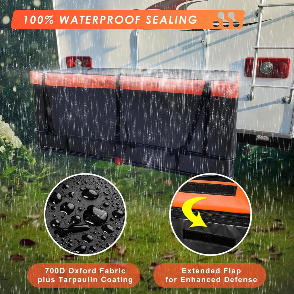 MeeFar High Rail Trailer Folding Hitch Mount Cargo Carrier Basket 60" X 24" X 14"+Waterproof Cargo Bag 20 cu ft(59" 24" 24"), Capacity of 500 Lbs with Hitch Stabilizer, Net, Lock and Straps