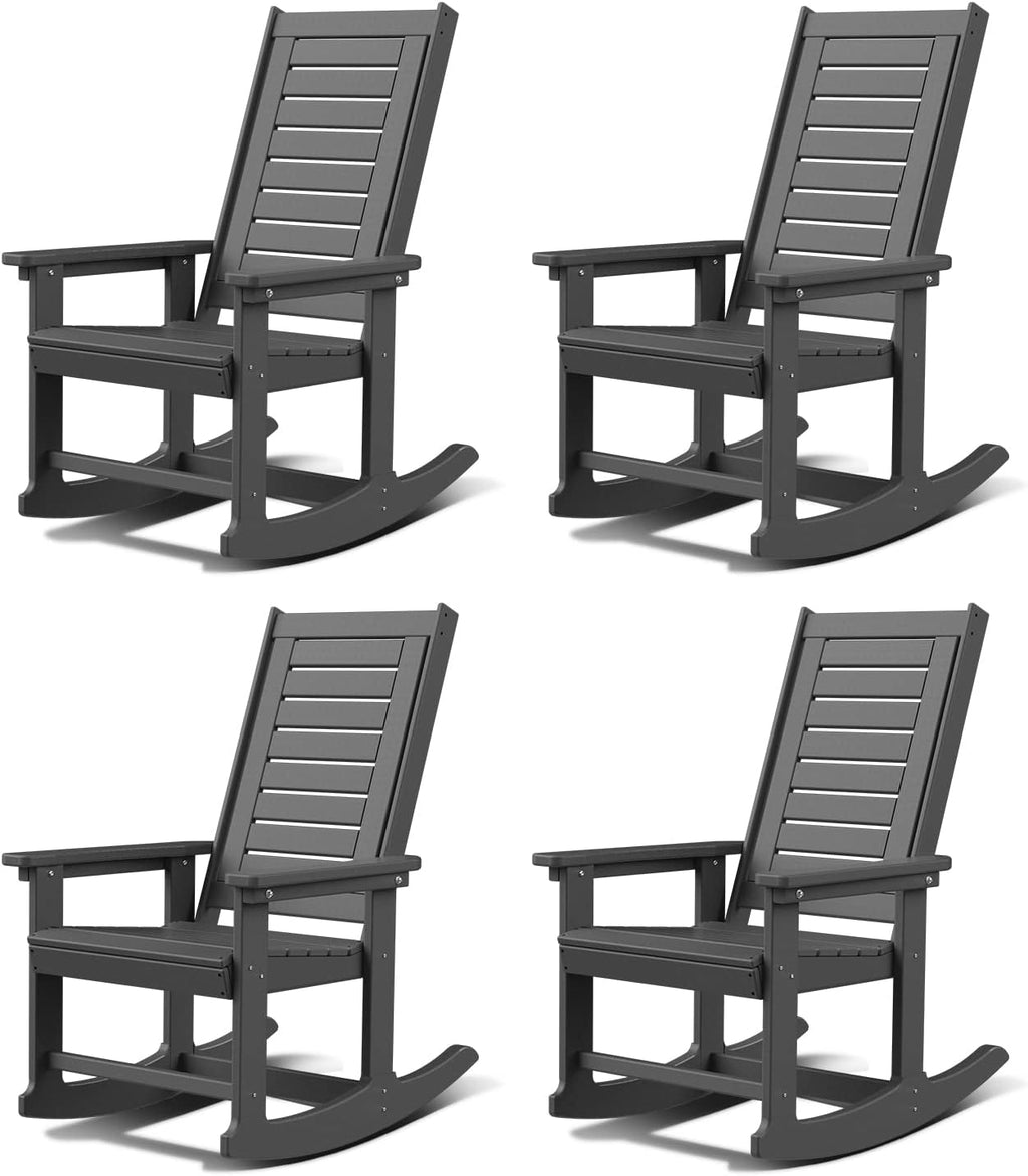 GREENVINES Outdoor Rocking Chairs | Set of 2 | Porch Rocker | HDPE Plastic | Black | Oversized Rockers | High Back | Big & Tall | Ladder Back | for Patio Outside Backyard Balcony Garden