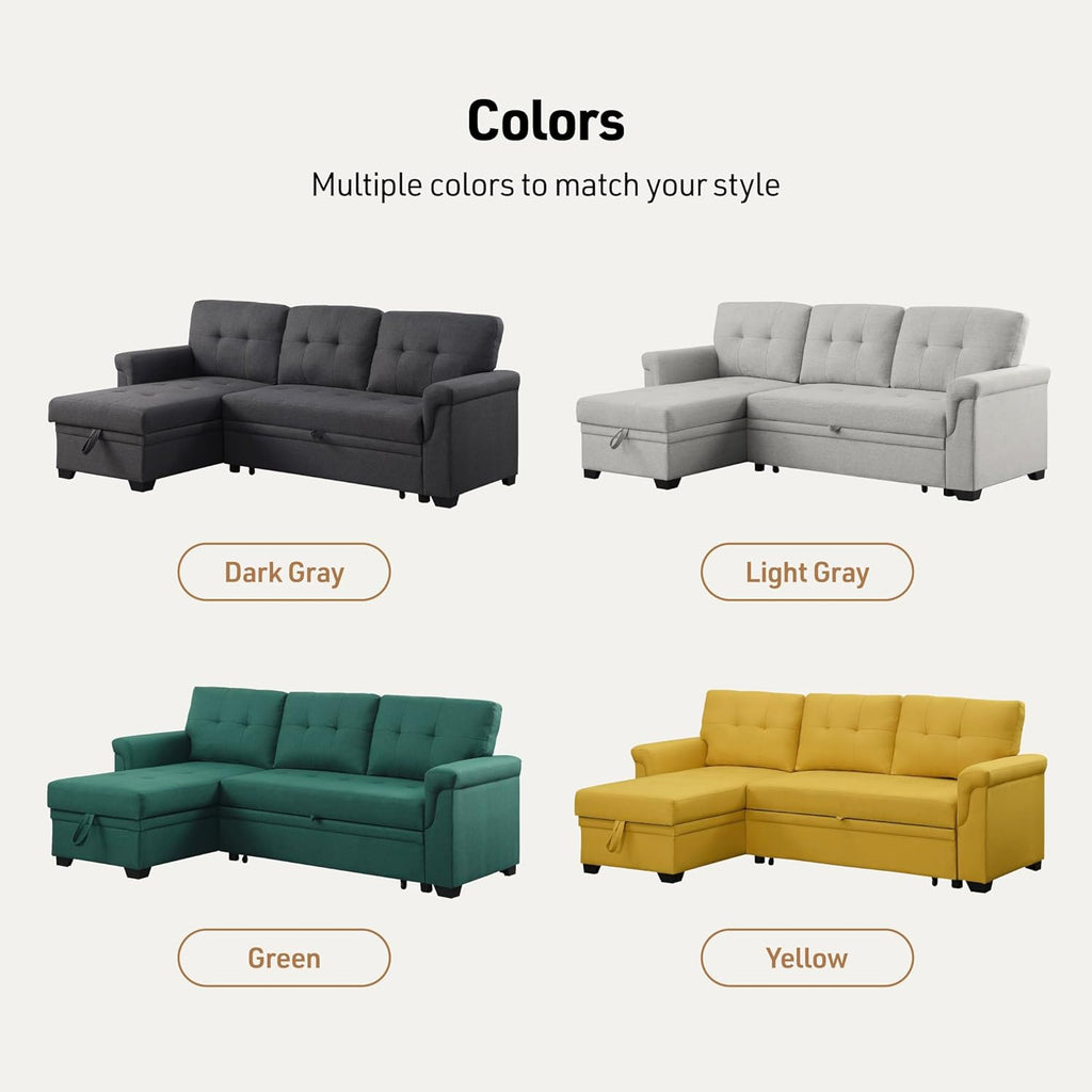 Lilola Home Lucca 84-inch Reversible Sleeper Sectional Sofa with Pull-Out Bed & Storage Chaise, Dark Gray Linen Fabric, Tufted Back, Modern Compact Couch for Living Room, Easy Assembly