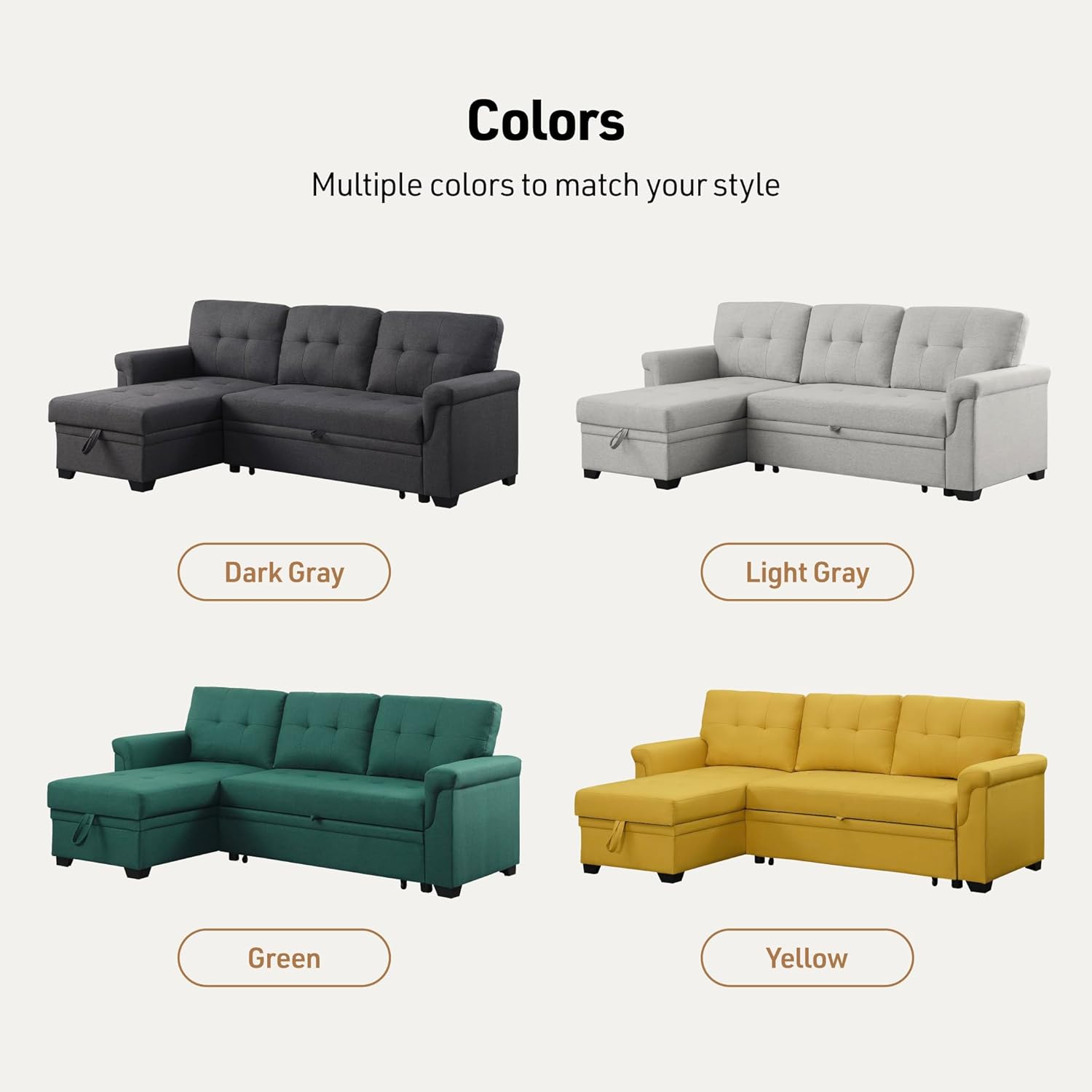 Lilola Home Lucca 84-inch Reversible Sleeper Sectional Sofa with Pull-Out Bed & Storage Chaise, Dark Gray Linen Fabric, Tufted Back, Modern Compact Couch for Living Room, Easy Assembly