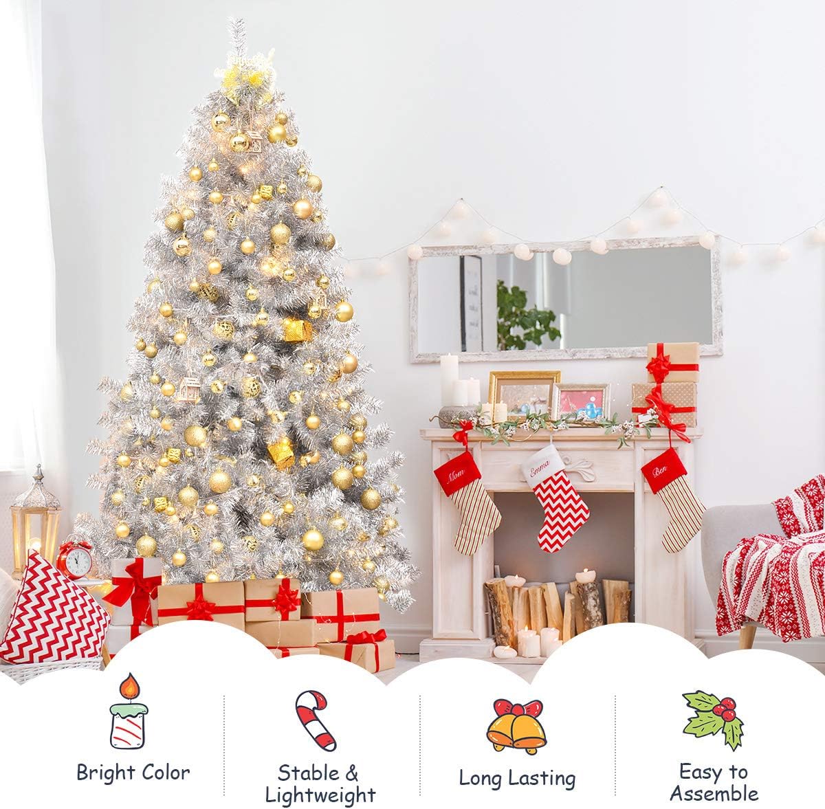 Goplus 7ft Artificial White Christmas Tree Xmas Pine Tree with Solid Metal Legs Perfect for Indoor and Outdoor Holiday Decoration