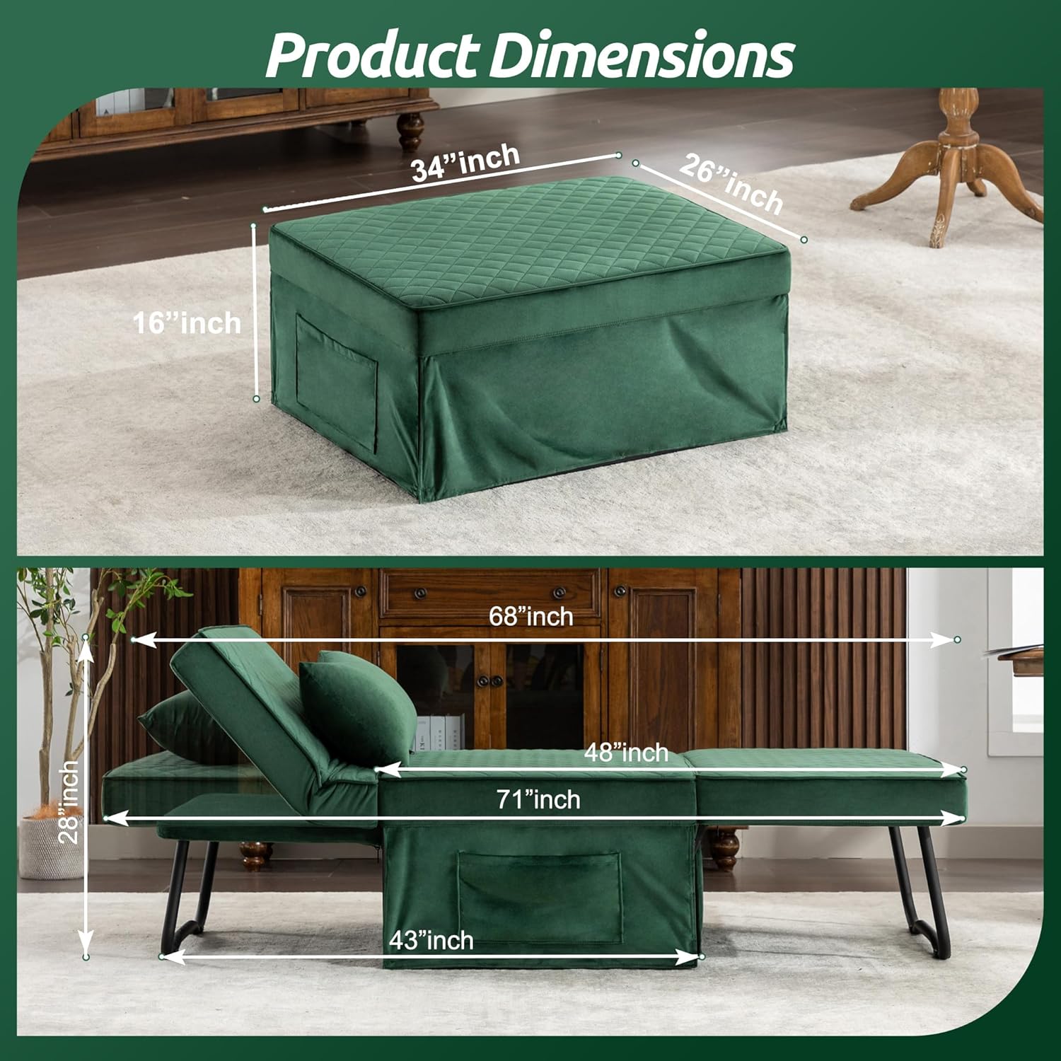 Sofa Bed, 4 in 1 Multi-Function Folding Ottoman Breathable Linen Couch Bed with Adjustable Backrest Modern Convertible Chair for Living Room Apartment Office