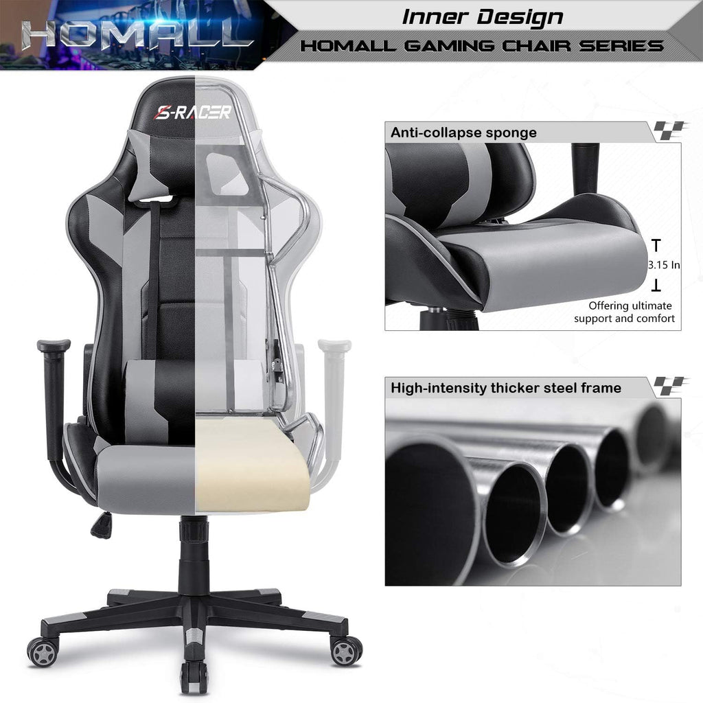 Homall Gaming Chair, Office Chair High Back Computer Chair Leather Desk Chair Racing Executive Ergonomic Adjustable Swivel Task Chair with Headrest and Lumbar Support (Dark Black)