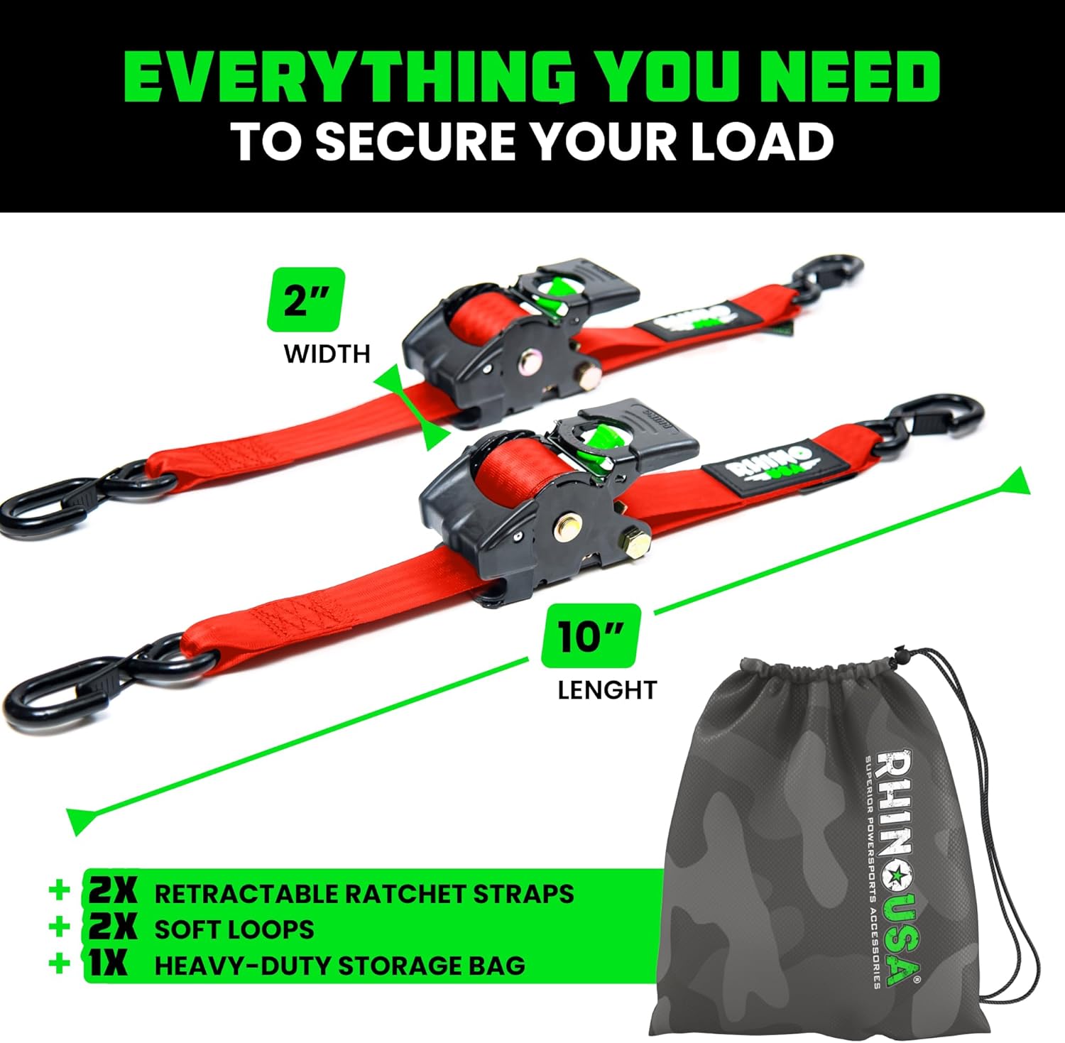 Rhino USA Retractable Ratchet Straps (2-Pack) - 2 Inch x 10 Feet (3,033lb Break Strength) - Heavy Duty Auto Self Retracting Tie Down Straps for Truck, Cargo Trailer, Motorcycle, Rad & More - Black