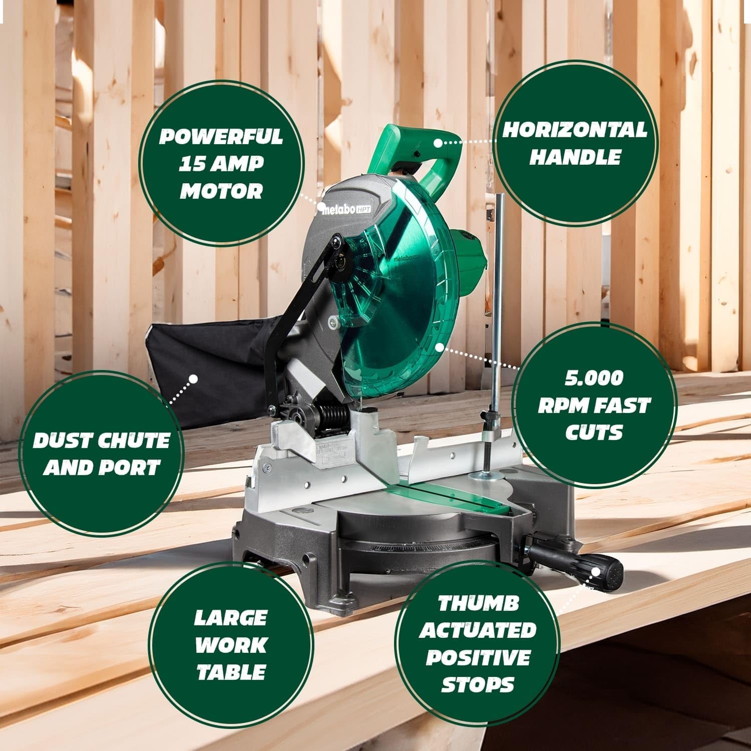 Bundle of Metabo HPT Compound Miter Saw, 10" Miter Saw with Large Table Saw for woodworking, C10FCGS + Metabo HPT 25 Ft Tape Measure, 17-Ft Reach & 14-Ft Standout, 115925M