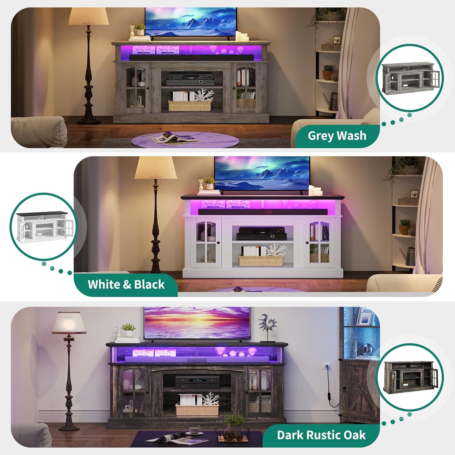 LED Farmhouse TV Stand for TV up to 75" w/Outlets, Highboy Media Entertainment Center Console Table Adjustable Storage Shelves &Cabinet Glass Door for 400lbs for Living Room