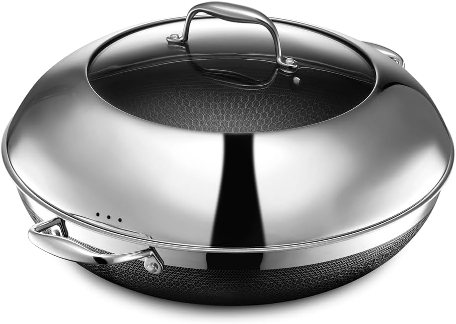 HexClad Hybrid Nonstick 14-Inch Wok with Steel Lid, Stay-Cool Handle, Dishwasher and Oven Safe, Compatible with All Cooktops, Induction Ready