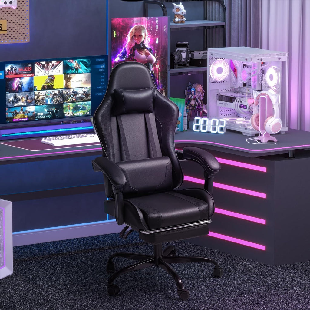 Homall Gaming Chair, Video Game Chair with Footrest and Massage Lumbar Support, Ergonomic Computer Chair Height Adjustable with Swivel Seat and Headrest (Grey)