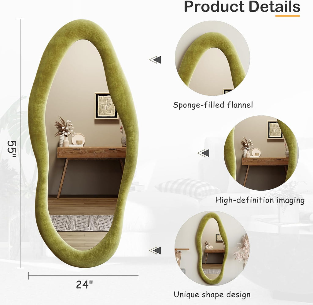 Honyee Full Length Mirror, 63" x 24" Wall Mirror, Flannel Wrapped Wooden Frame Full Body Mirror, Irregular Wavy Mirror Hanging or Leaning Against Wall for Cloakroom/Bedroom/Living Room, Ivory White