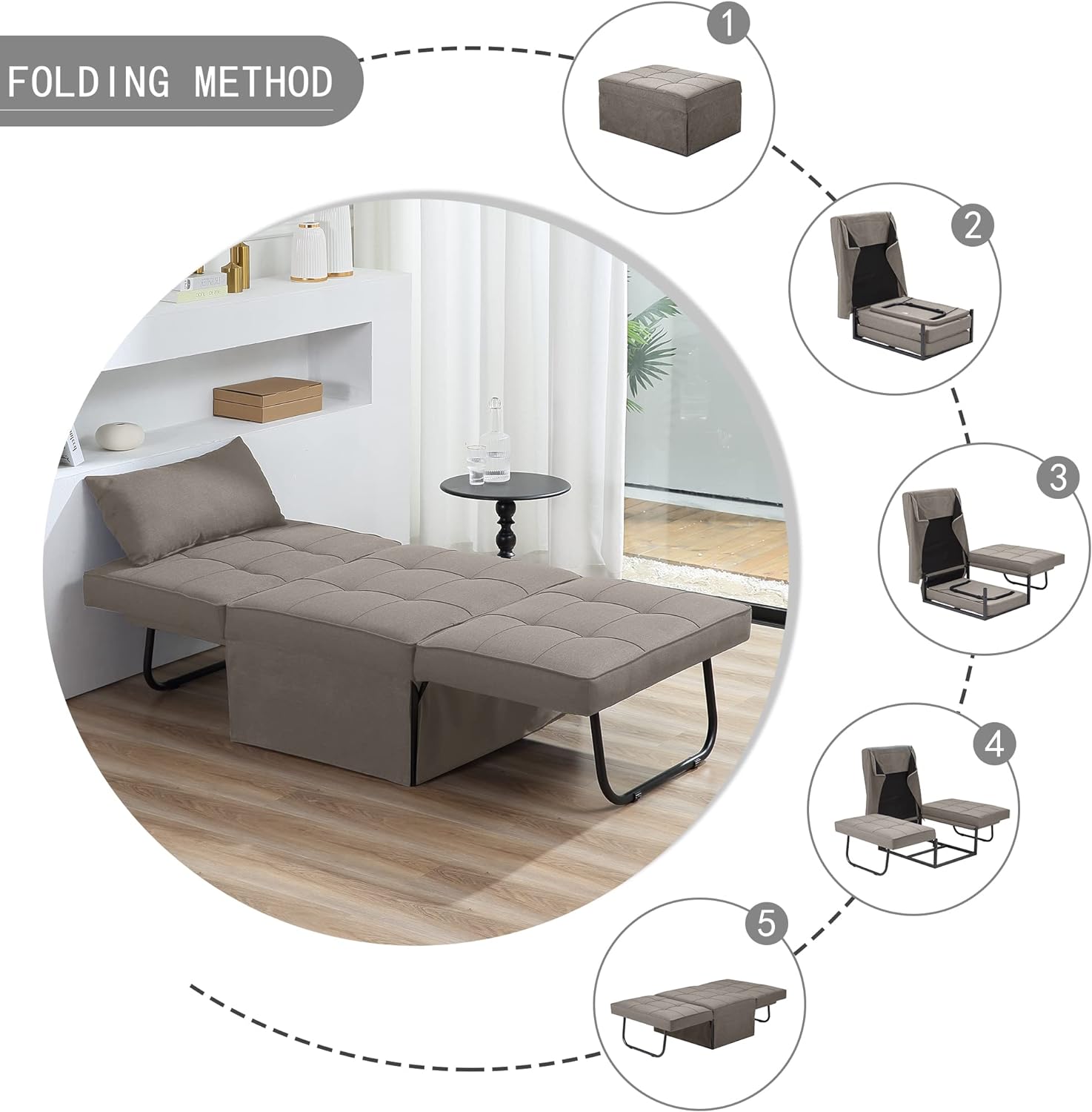Sofa Bed, 4 in 1 Multi-Function Folding Ottoman Breathable Linen Couch Bed with Adjustable Backrest Modern Convertible Chair for Living Room Apartment Office