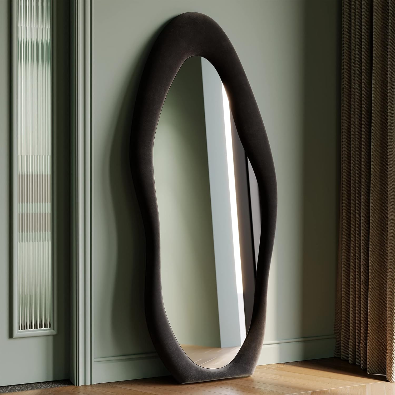 Honyee Full Length Mirror, 63" x 24" Wall Mirror, Flannel Wrapped Wooden Frame Full Body Mirror, Irregular Wavy Mirror Hanging or Leaning Against Wall for Cloakroom/Bedroom/Living Room, Ivory White