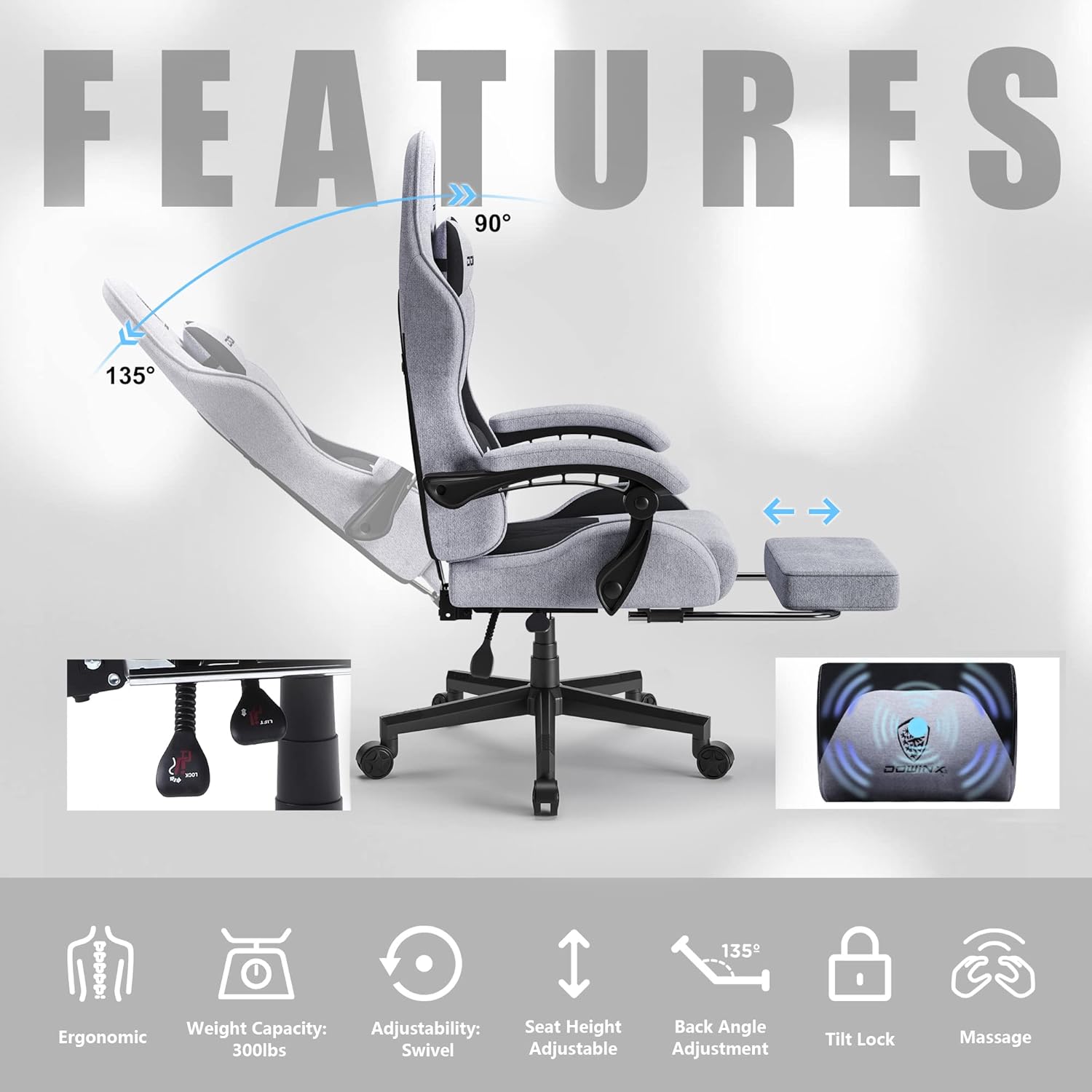 Dowinx Gaming Chair Fabric with Pocket Spring Cushion, Massage Game Chair Cloth with Headrest, Ergonomic Computer Chair with Footrest 290LBS, Blue and Grey
