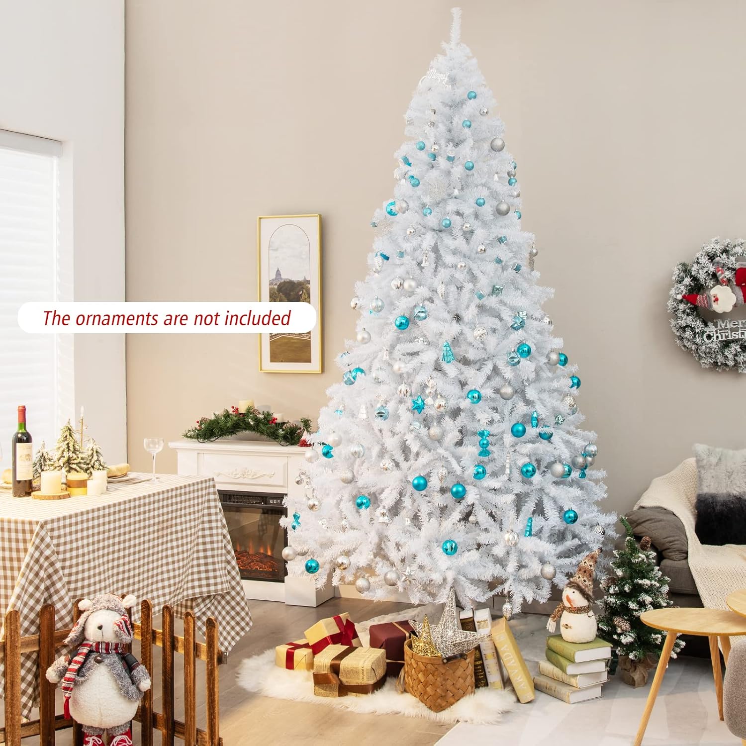 Goplus 7ft Artificial White Christmas Tree Xmas Pine Tree with Solid Metal Legs Perfect for Indoor and Outdoor Holiday Decoration