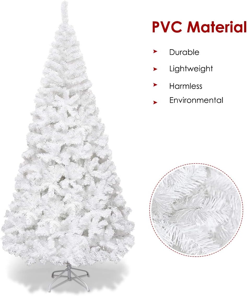 Goplus 7ft Artificial White Christmas Tree Xmas Pine Tree with Solid Metal Legs Perfect for Indoor and Outdoor Holiday Decoration