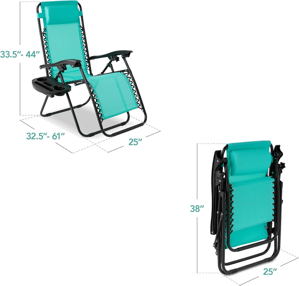 Best Choice Products Set of 2 Adjustable Steel Mesh Zero Gravity Lounge Chair Recliners w/Pillows and Cup Holder Trays - Beige