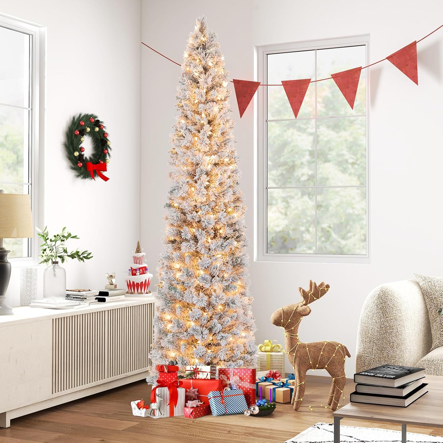 Goplus 7ft Artificial White Christmas Tree Xmas Pine Tree with Solid Metal Legs Perfect for Indoor and Outdoor Holiday Decoration