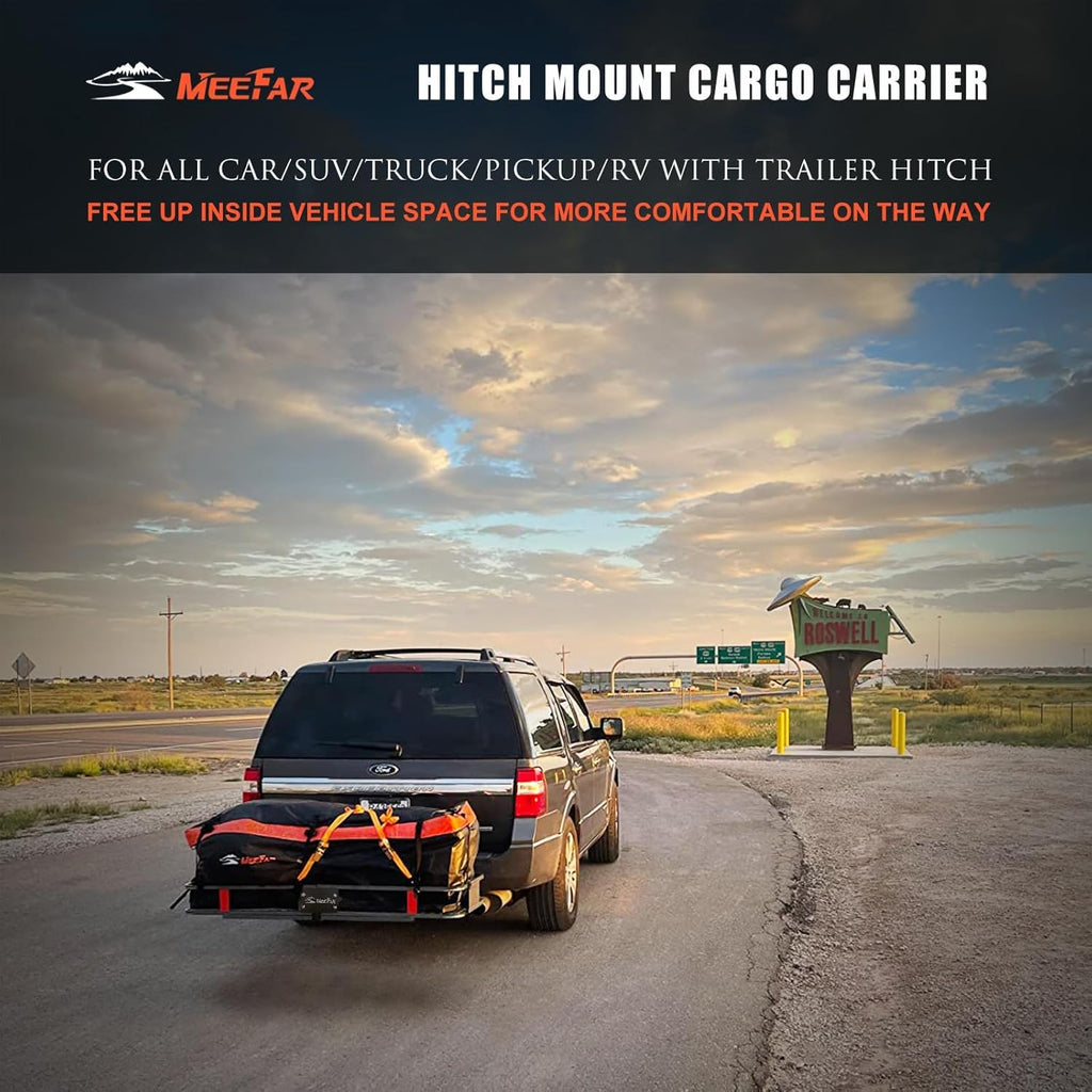 MeeFar High Rail Trailer Folding Hitch Mount Cargo Carrier Basket 60" X 24" X 14"+Waterproof Cargo Bag 20 cu ft(59" 24" 24"), Capacity of 500 Lbs with Hitch Stabilizer, Net, Lock and Straps