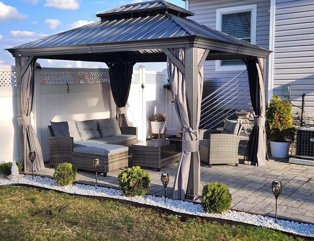 Kozyard Alexander 10' X 12' Hardtop, Aluminum Metal Gazebo with Galvanized Steel Double Roof Canopy, Curtain and Netting, Permanent Pavilion for Patio, Backyard, Deck, Lawn (Gray)