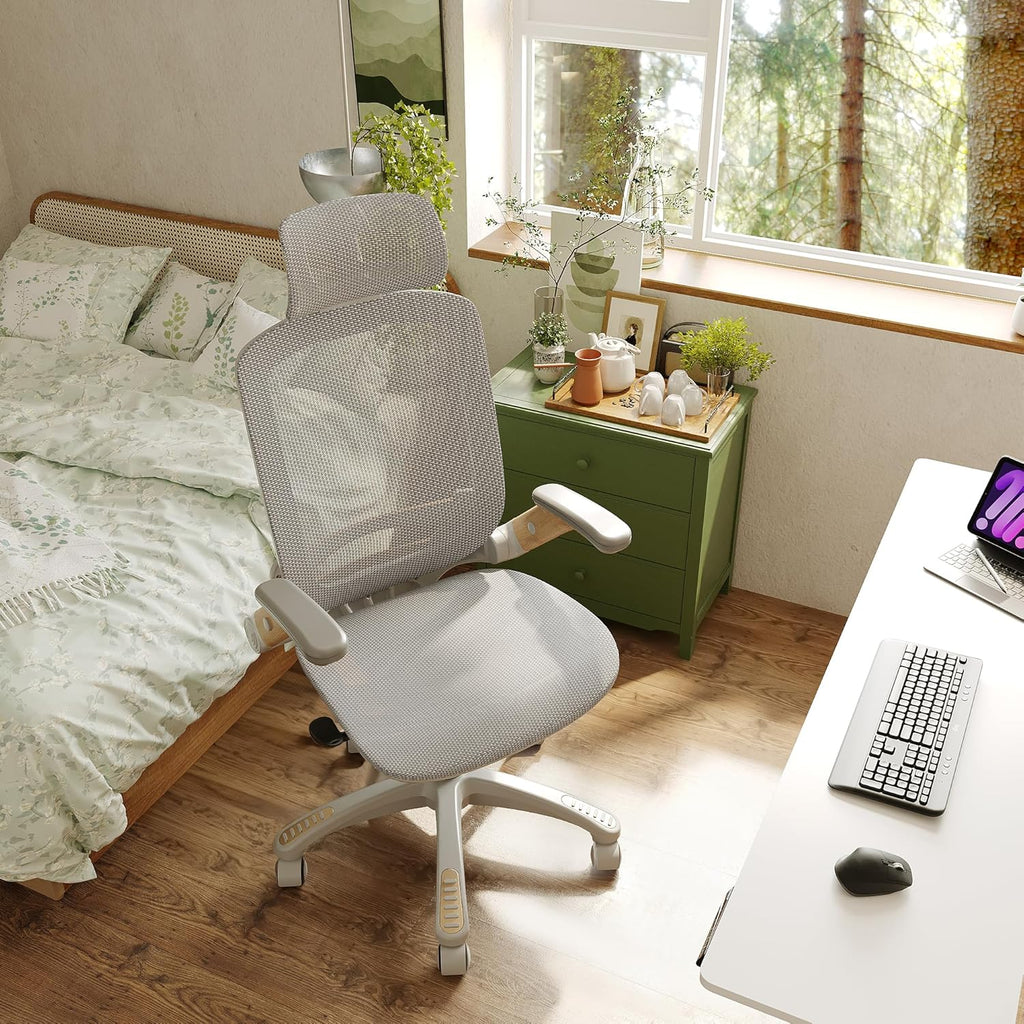GABRYLLY Ergonomic Office Chair, High Back Home Desk Chair with Headrest, Flip-Up Arms, 90-120° Tilt Lock and Wide Cushion, Big and Tall Mesh Chairs for Man Woman, Grey Task Chair