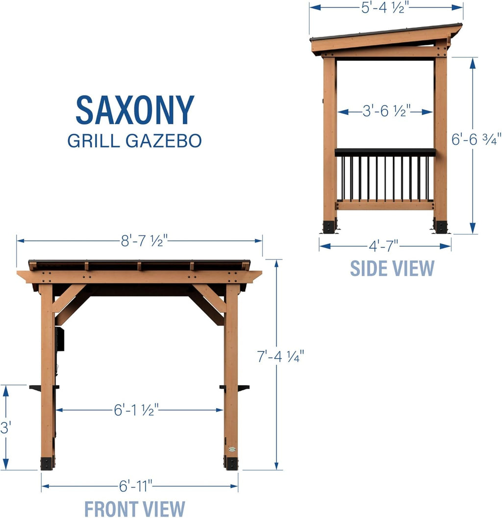 Backyard Discovery Saxony XL 12' x 6' Cedar Wood BBQ Grill Gazebo Pavilion with Hardtop Galvanized Steel Roof, Bar Tops, Powerport, Snow Support, Wind Resistance, Cook Station for Outdoor Patio, Deck