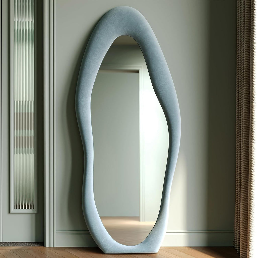 Honyee Full Length Mirror, 63" x 24" Wall Mirror, Flannel Wrapped Wooden Frame Full Body Mirror, Irregular Wavy Mirror Hanging or Leaning Against Wall for Cloakroom/Bedroom/Living Room, Ivory White