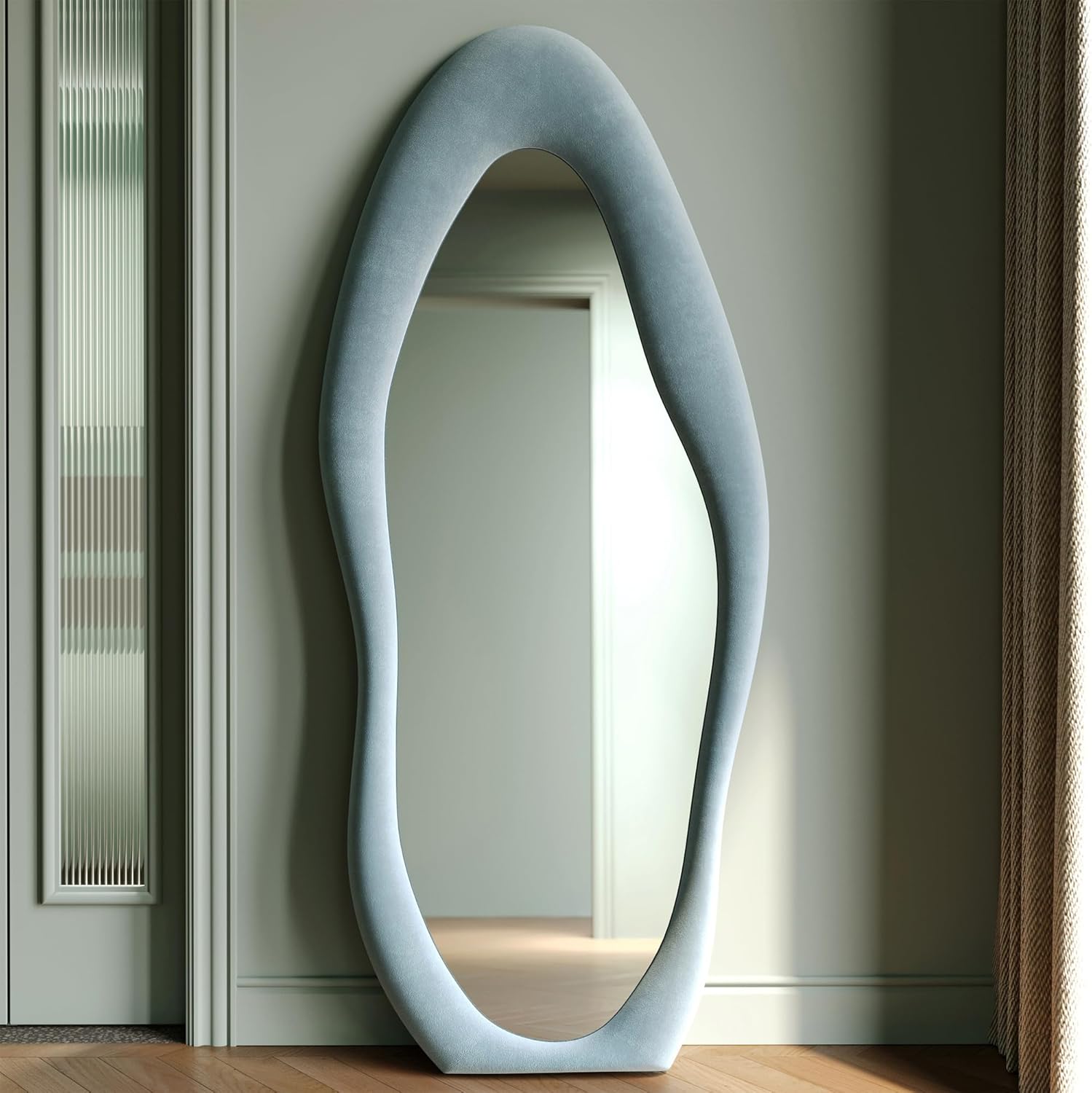 Honyee Full Length Mirror, 63" x 24" Wall Mirror, Flannel Wrapped Wooden Frame Full Body Mirror, Irregular Wavy Mirror Hanging or Leaning Against Wall for Cloakroom/Bedroom/Living Room, Ivory White