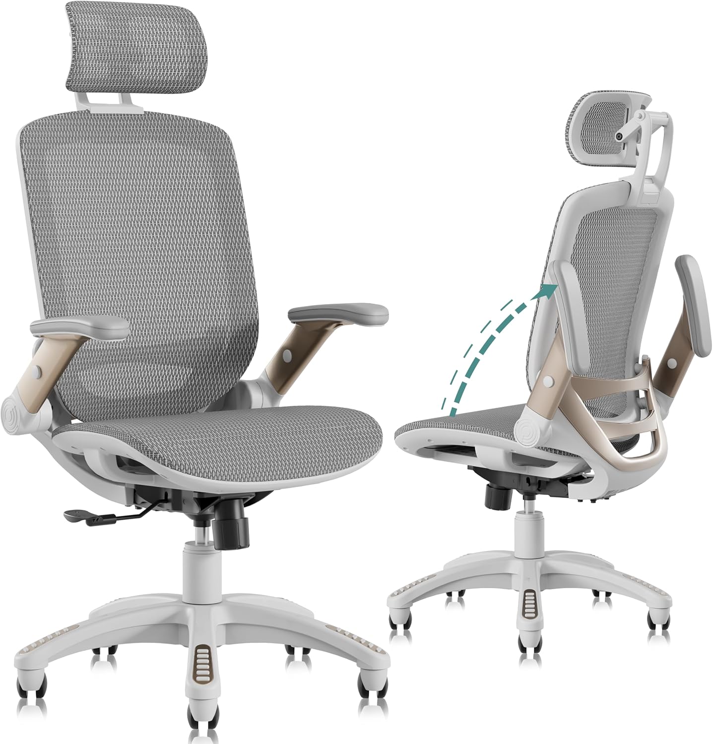 GABRYLLY Ergonomic Office Chair, High Back Home Desk Chair with Headrest, Flip-Up Arms, 90-120° Tilt Lock and Wide Cushion, Big and Tall Mesh Chairs for Man Woman, Grey Task Chair