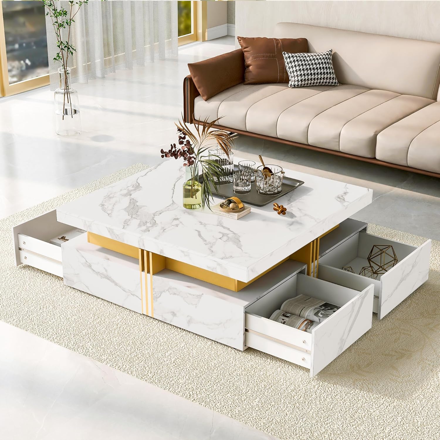 Modern White Square Storage Coffee Table with 4 Drawers