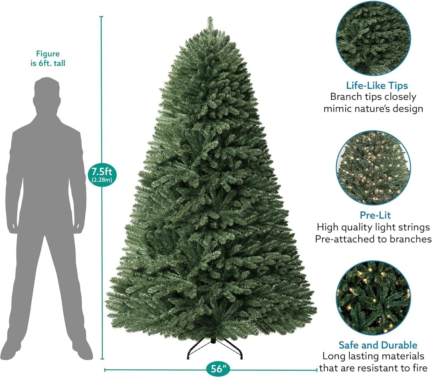 Naomi Home 6.5ft Rustic Christmas Tree with Lights, Realistic Classic Prelit with 2595 Branch Tips, 600 Warm Lights and Metal Stand, Aritificial Tree