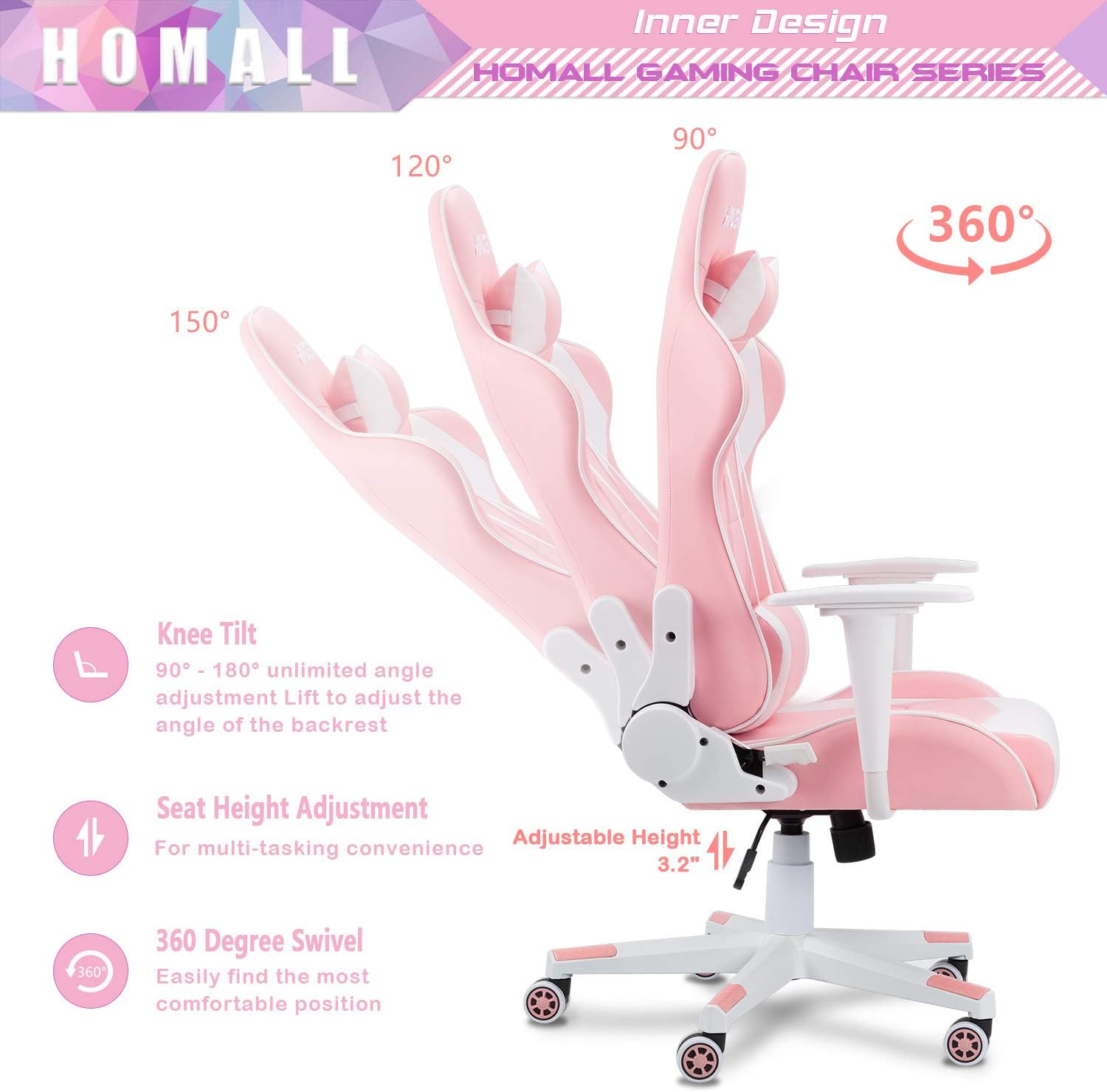 Homall Gaming Chair, Office Chair High Back Computer Chair Leather Desk Chair Racing Executive Ergonomic Adjustable Swivel Task Chair with Headrest and Lumbar Support (Dark Black)