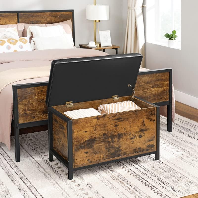 VASAGLE Shoe Bench, Storage Bench with Cupboard and 9 Open Compartments, Shoe Shelf, Padded Seat, Barn Door, 11.8 x 43.3 x 18.9 Inches, Rustic Brown ULHS058X01