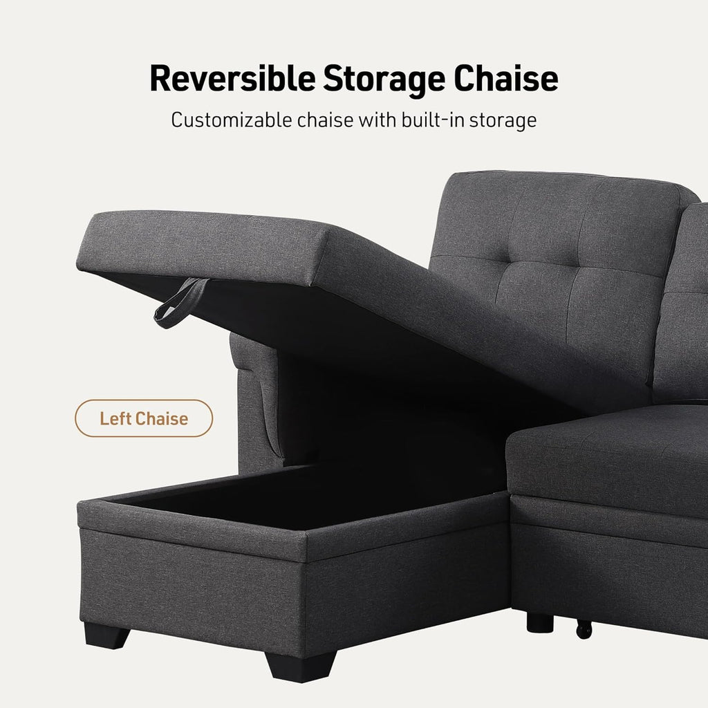 Lilola Home Lucca 84-inch Reversible Sleeper Sectional Sofa with Pull-Out Bed & Storage Chaise, Dark Gray Linen Fabric, Tufted Back, Modern Compact Couch for Living Room, Easy Assembly