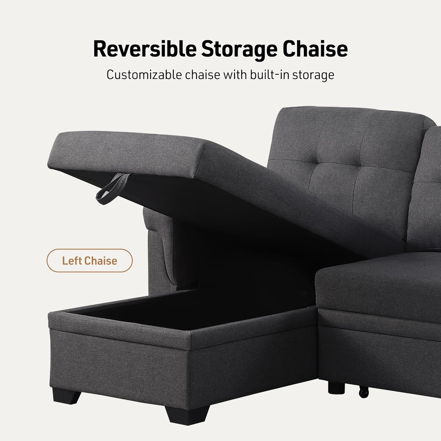 Lilola Home Lucca 84-inch Reversible Sleeper Sectional Sofa with Pull-Out Bed & Storage Chaise, Dark Gray Linen Fabric, Tufted Back, Modern Compact Couch for Living Room, Easy Assembly