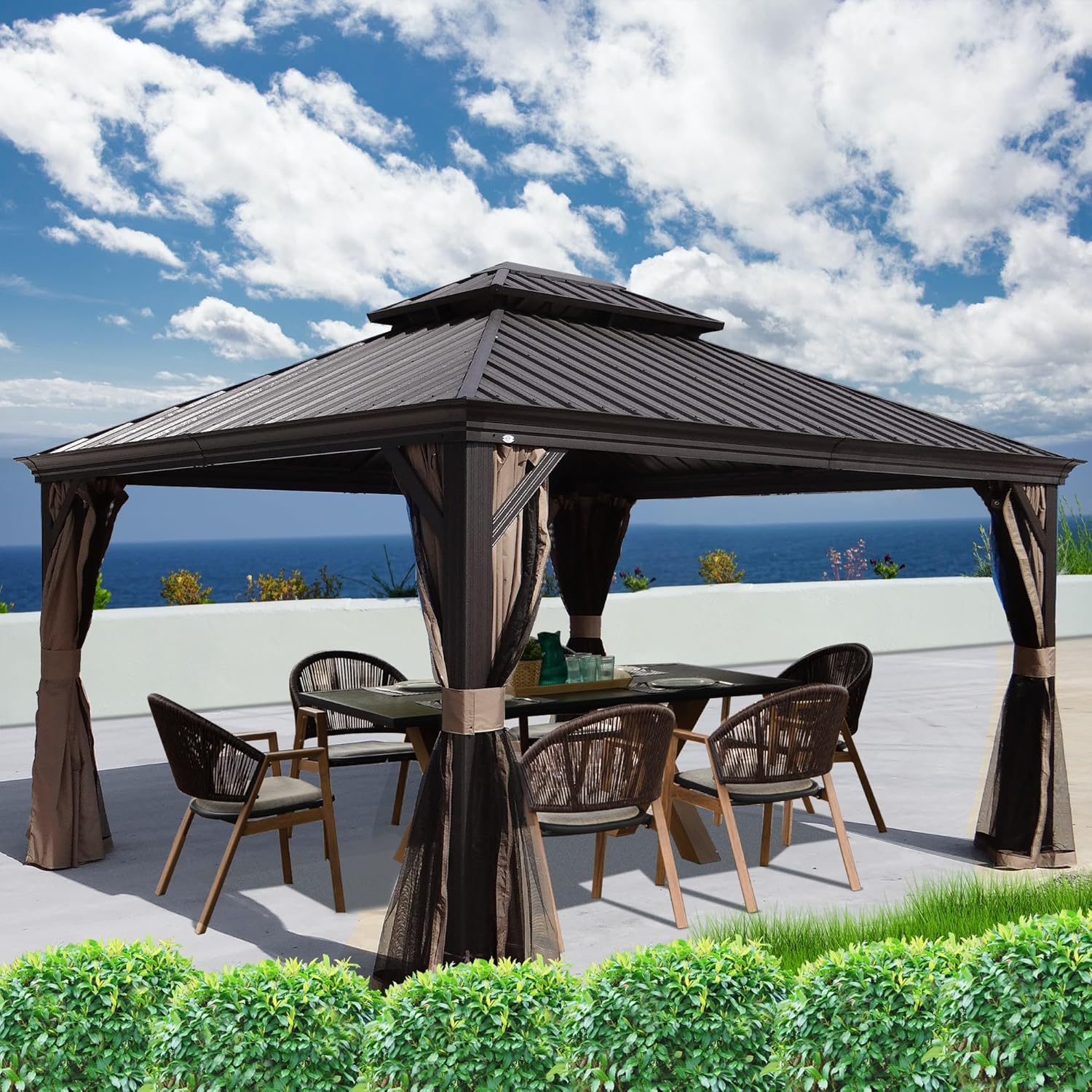 Kozyard Alexander 10' X 12' Hardtop, Aluminum Metal Gazebo with Galvanized Steel Double Roof Canopy, Curtain and Netting, Permanent Pavilion for Patio, Backyard, Deck, Lawn (Gray)