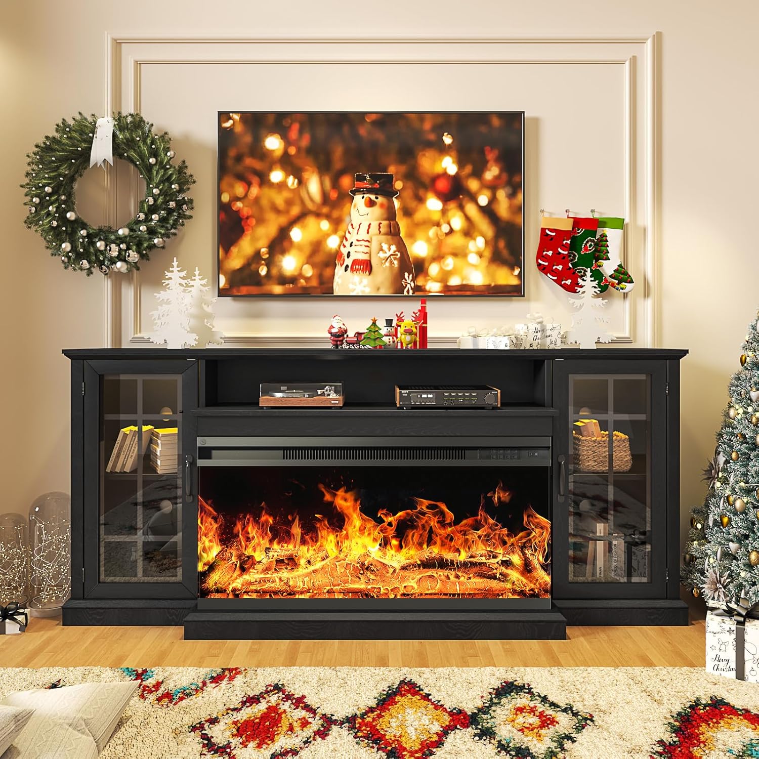 oneinmil 59'' Fireplace TV Stand, 3 Sided Glass Media Entertainment Center Console Table for TVs up to 65'' with Glass Door Adjustable Flame LED Color for Living Room, Set of TV Table, White