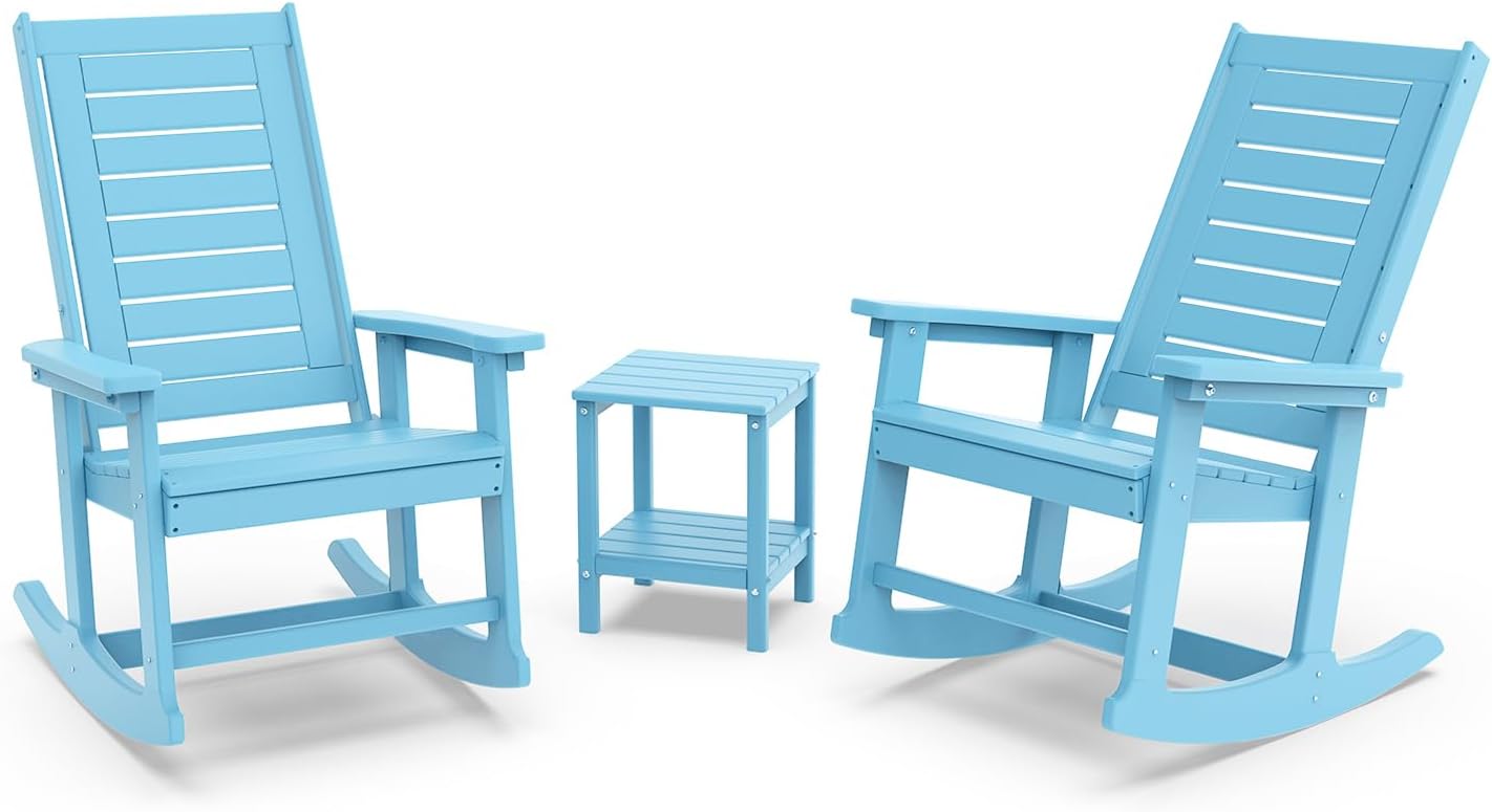 GREENVINES Outdoor Rocking Chairs | Set of 2 | Porch Rocker | HDPE Plastic | Black | Oversized Rockers | High Back | Big & Tall | Ladder Back | for Patio Outside Backyard Balcony Garden