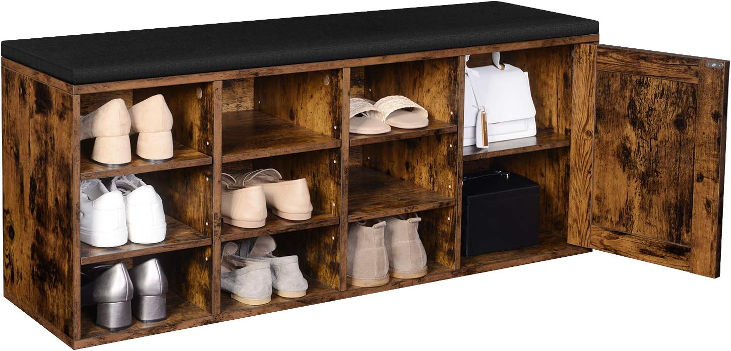 VASAGLE Shoe Bench, Storage Bench with Cupboard and 9 Open Compartments, Shoe Shelf, Padded Seat, Barn Door, 11.8 x 43.3 x 18.9 Inches, Rustic Brown ULHS058X01
