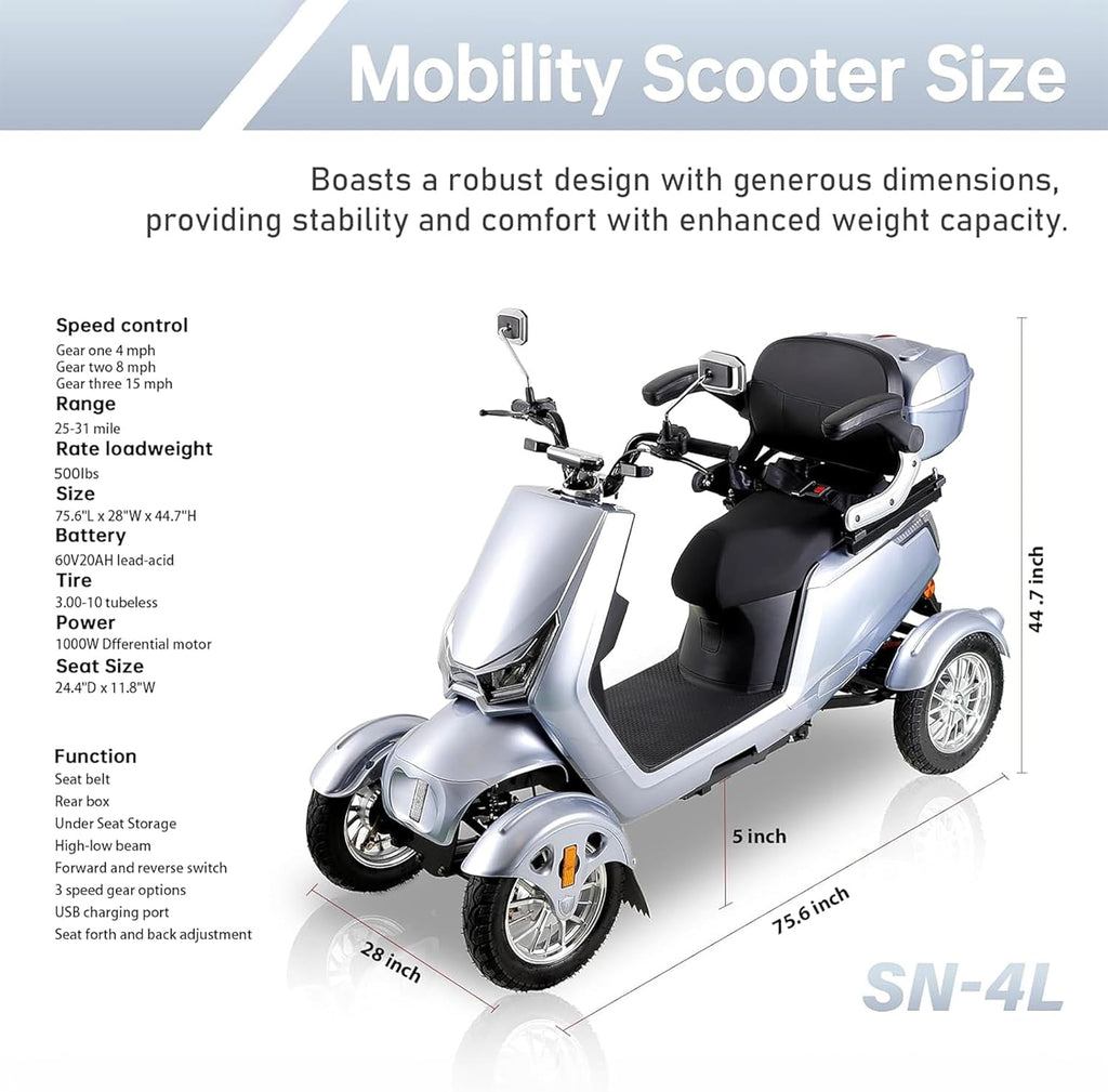 1000W 15 MPH Heavy Duty 4 Wheel Mobility Scooter 500lbs Loadweight, 3 Speed Control Mobility Scooters with 31 Mile Long Range Battery for Seniors & Adults Travel, 20° Max Climbing, Remote Key, Silver