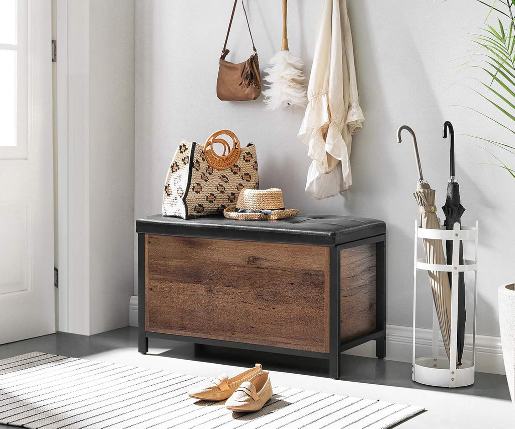 VASAGLE Shoe Bench, Storage Bench with Cupboard and 9 Open Compartments, Shoe Shelf, Padded Seat, Barn Door, 11.8 x 43.3 x 18.9 Inches, Rustic Brown ULHS058X01