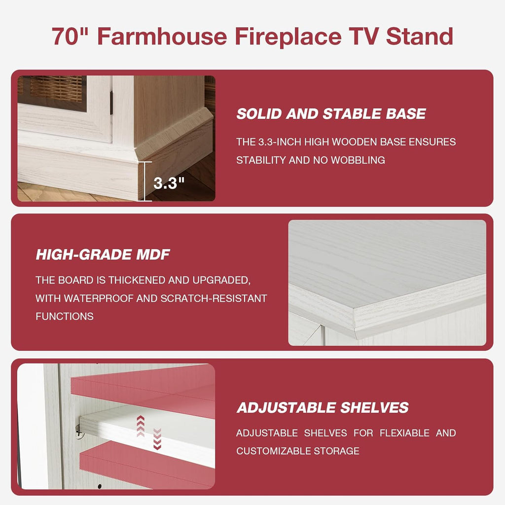 oneinmil 59'' Fireplace TV Stand, 3 Sided Glass Media Entertainment Center Console Table for TVs up to 65'' with Glass Door Adjustable Flame LED Color for Living Room, Set of TV Table, White