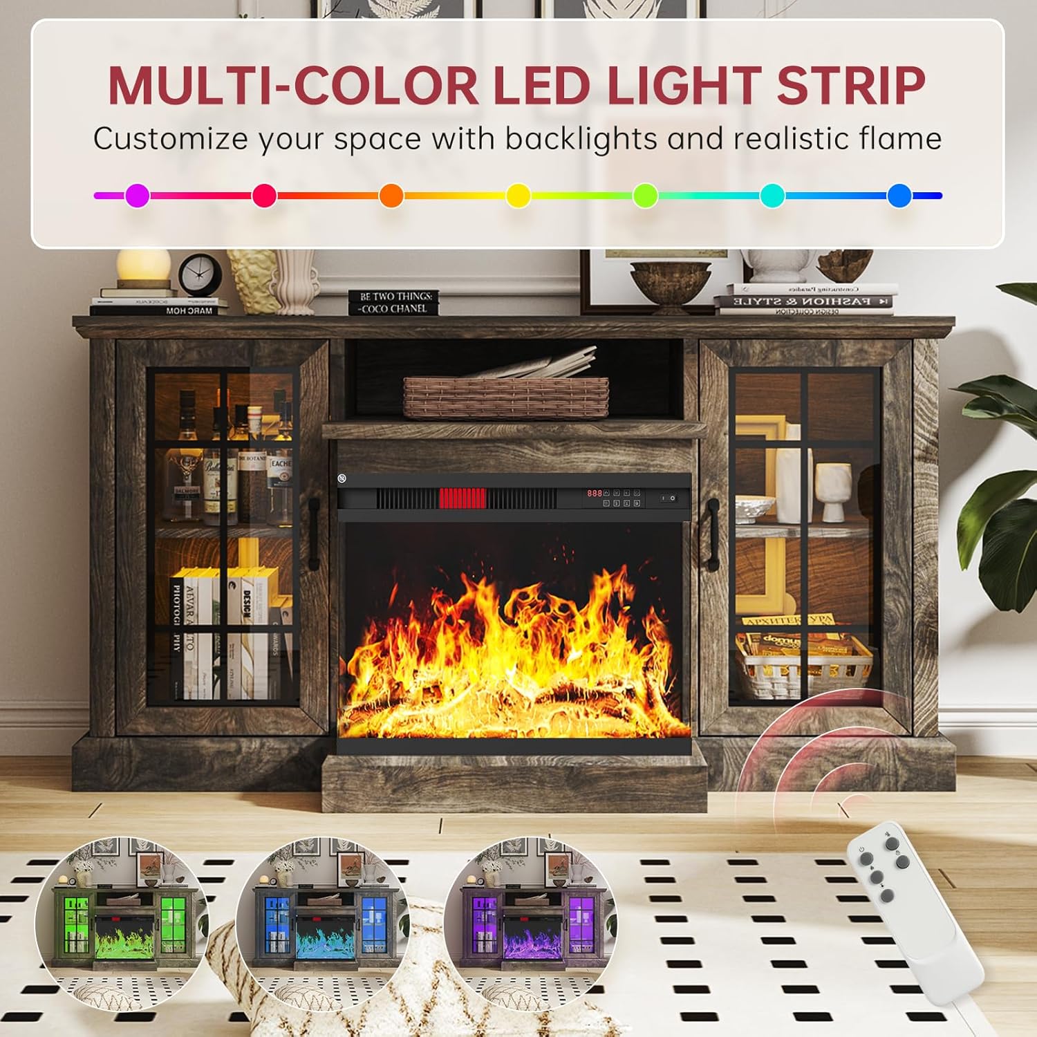oneinmil 59'' Fireplace TV Stand, 3 Sided Glass Media Entertainment Center Console Table for TVs up to 65'' with Glass Door Adjustable Flame LED Color for Living Room, Set of TV Table, White