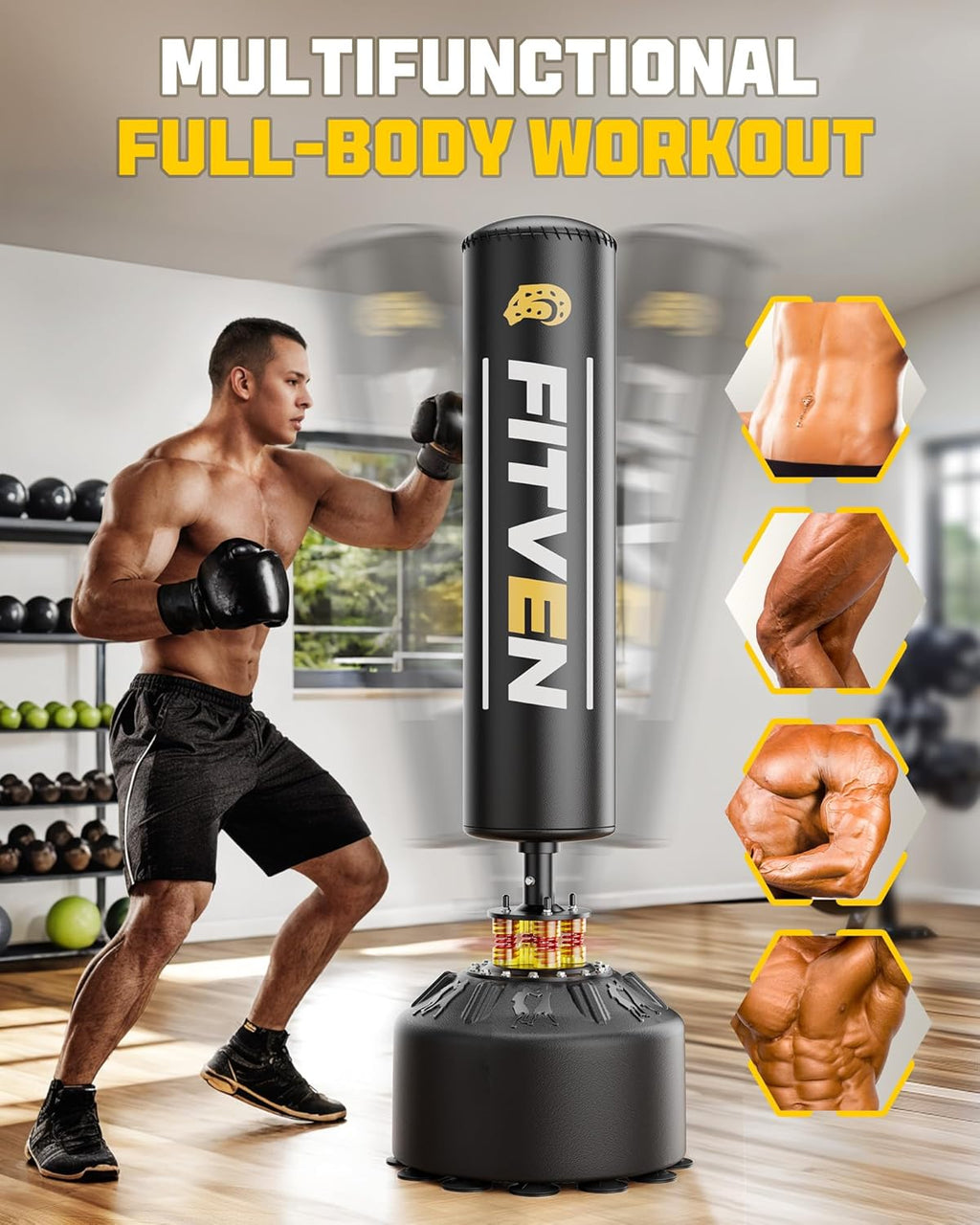 FITVEN Freestanding Punching Bag with Boxing Gloves Heavy Boxing Bag with Suction Cup Base for Adult Kids - Men Stand Kickboxing Bag